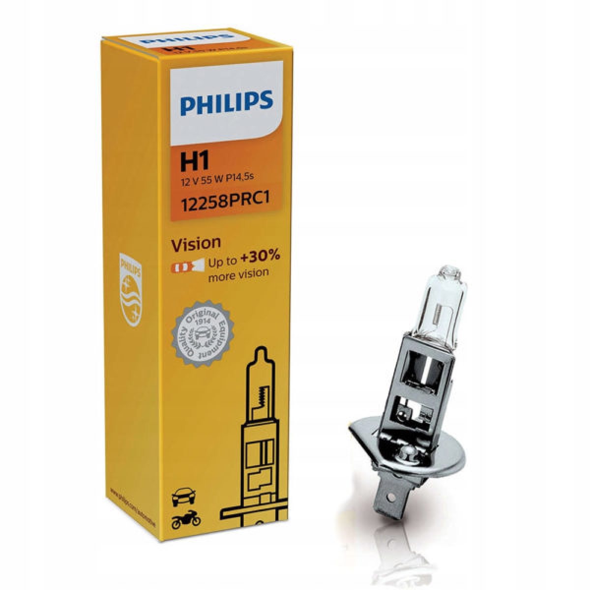 Автолампа H1 12V 55W Philips +30% Vision Premium (P14,5s) #12258PRC1 ORIGINAL